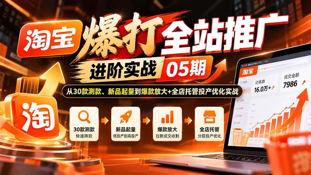 （20817期）淘宝爆打全站推广进阶实战05期：从30款测款、新品起量到爆款放大+全店托管投产优化实战-奇点库