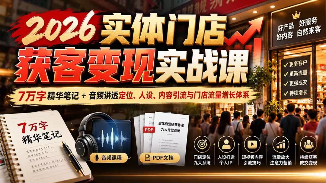 （20832期）2026实体门店获客变现实战课：7万字精华笔记+音频讲透定位、人设、内容引流与门店流量增长体系-奇点库