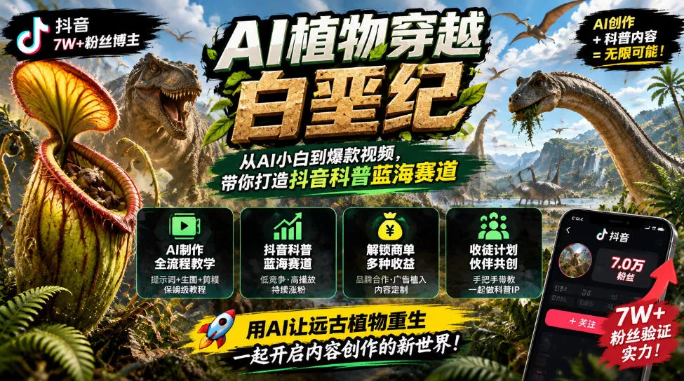 抖音7W粉丝博主的AI植物穿越白垩纪教学，抖音科普蓝海赛道，解锁商单收徒伙伴计划等多种收益-奇点库