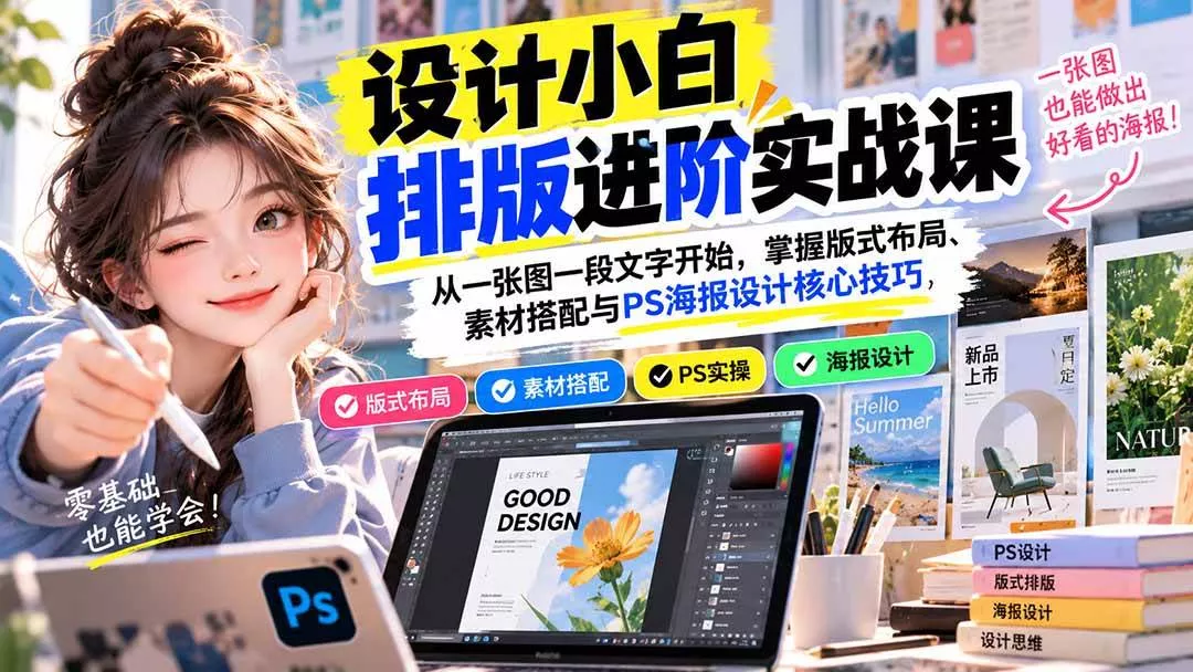 （20838期）设计小白排版进阶实战课：从一张图一段文字开始，掌握版式布局、素材搭配与PS海报设计核心技巧-奇点库