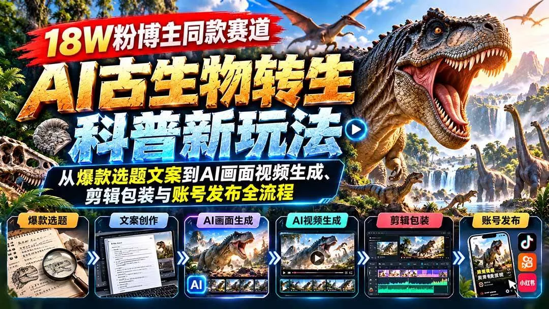 （20833期）18W粉博主同款赛道-AI古生物转生科普新玩法：从爆款选题文案到AI画面视频生成、剪辑包装与账号发布全流程-奇点库