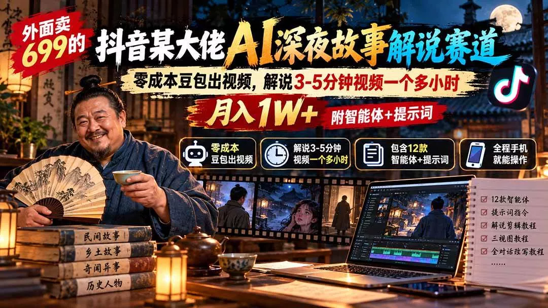（20853期）外面卖699抖音某大佬AI深夜故事解说赛道-更新：0成本豆包出视频+解说3-5分钟视频一个多小时，月入1W+附智能体+提示词-奇点库