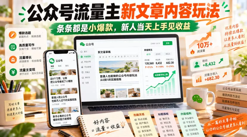 公众号流量主新文章内容玩法,条条都是小爆款,新人当天上手见收益 公众号流量主新文章内容玩法,条条都是小爆款,新人当天上手见收益