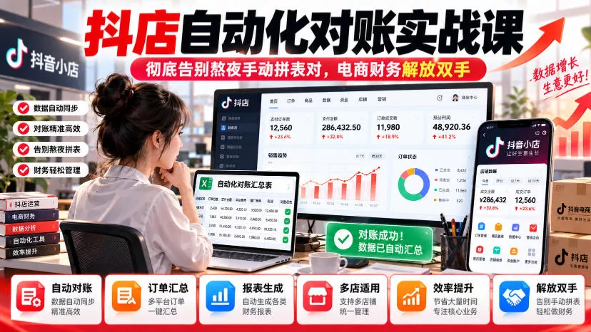 抖店自动化对账实战课，彻底告别熬夜手动拼表对，账电商财务解放双手-奇点库