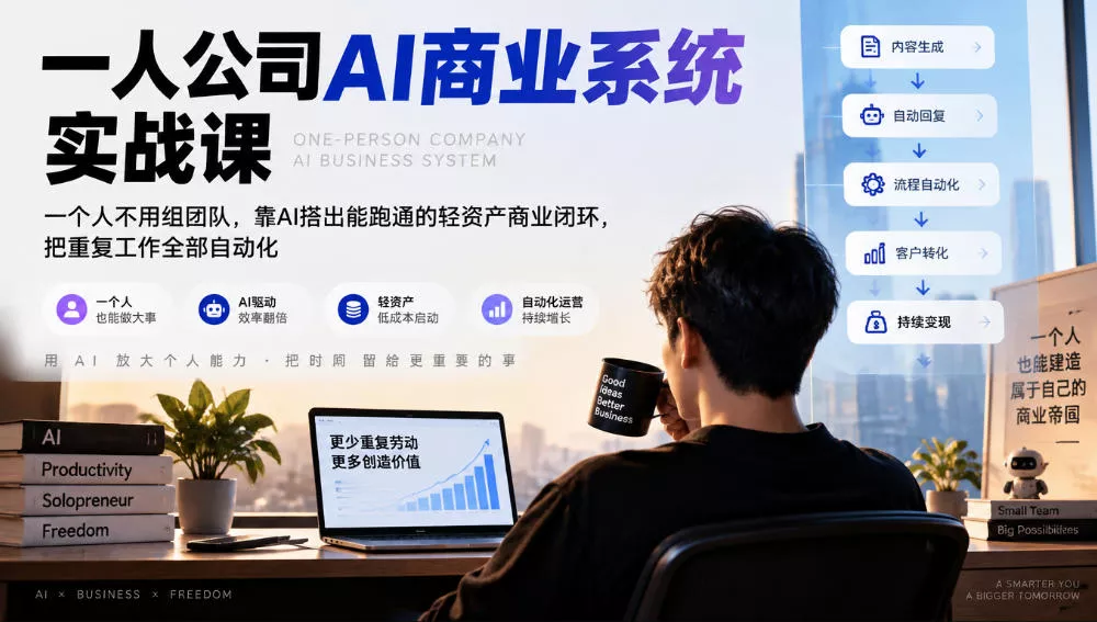 一人公司AI商业系统实战课，一个人不用组团队，靠AI搭出能跑通的轻资产商业闭环，把重复工作全部自动化-奇点库