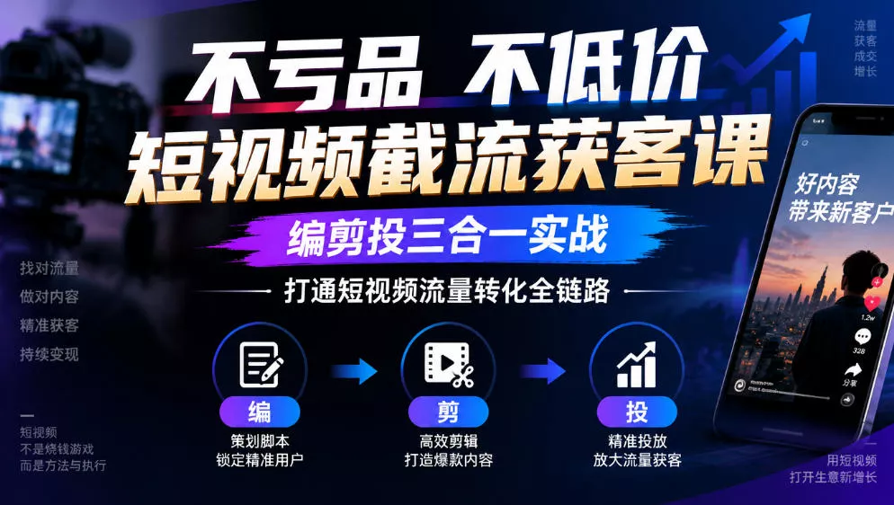 不亏品不低价短视频截流获客课，编剪投三合一实战，打通短视频流量转化全链路-奇点库