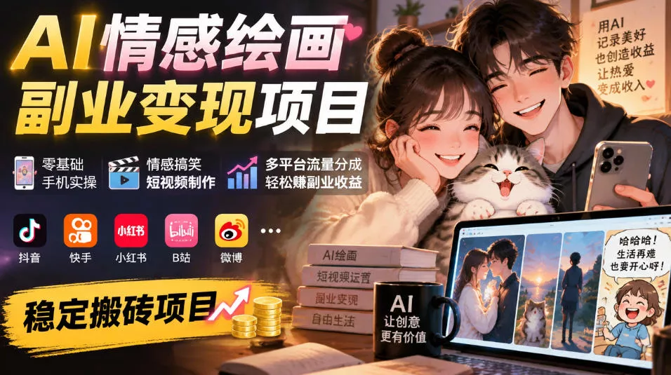 AI情感绘画副业变现项目｜零基础手机实操，情感搞笑短视频制作，多平台流量分成轻松賺副业收益-奇点库