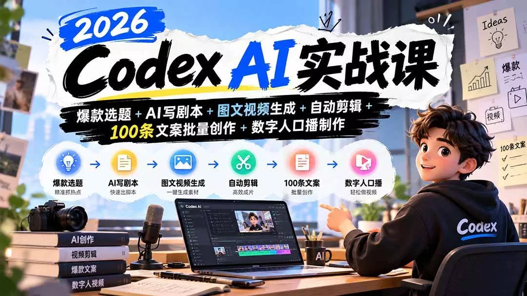 （20899期）2026Codex AI实战课：爆款选题+AI写剧本+图文视频生成+自动剪辑+100条文案批量创作+数字人口播制作-奇点库