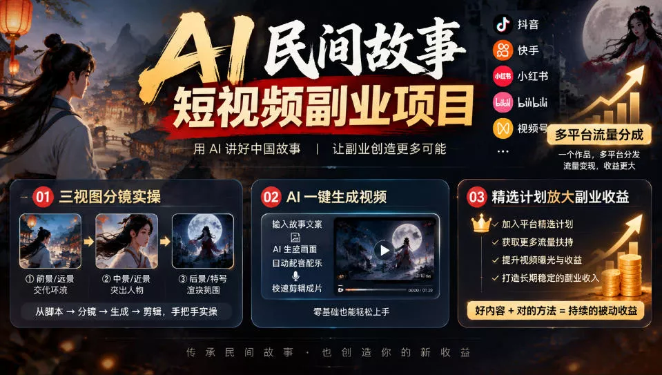 AI民间故事短视频副业项目，多平台流量分成，三视图分镜实操，精选计划放大副业收益-奇点库