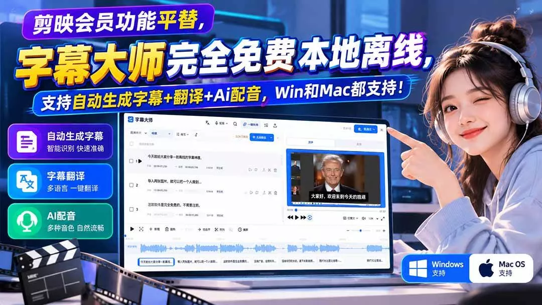 （20902期）剪映会员功能平替，字幕大师完全免费本地离线，支持自动生成字幕+翻译+Ai配音，Win和Mac都支持！-奇点库