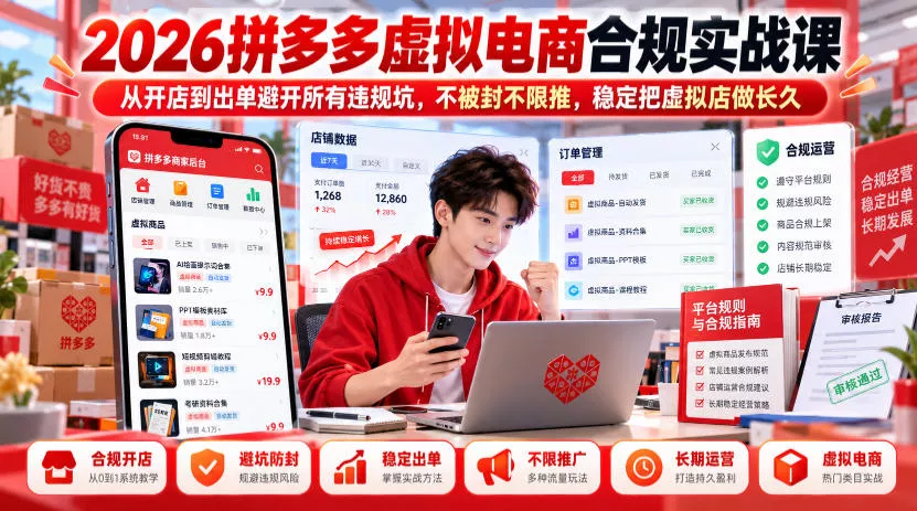 2026拼多多虚拟电商合规实战课，从开店到出单避开所有违规坑，不被封不限推，稳定把虚拟店做长久-奇点库