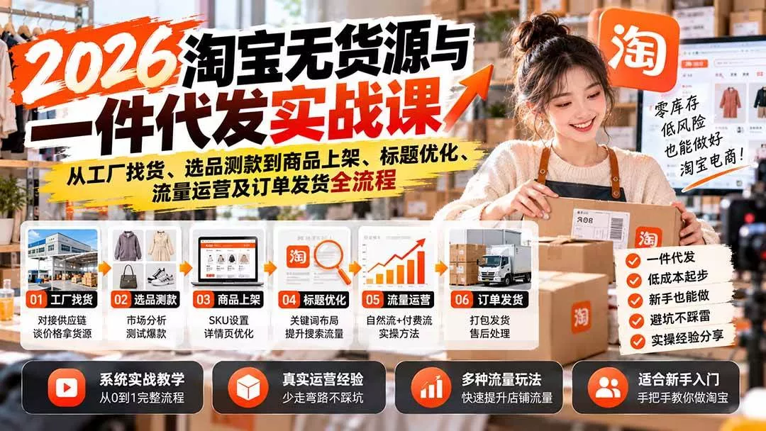 （20903期）2026淘宝无货源与一件代发实战课：从工厂找货、选品测款到商品上架、标题优化、流量运营及订单发货全流程-奇点库