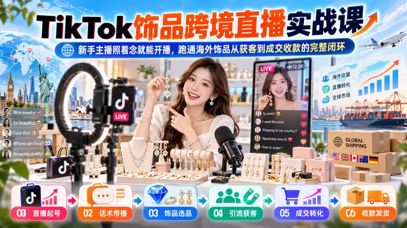 TikTok饰品跨境直播实战课，新手主播照着念就能开播，跑通海外饰品从获客到成交收款的完整闭环-奇点库