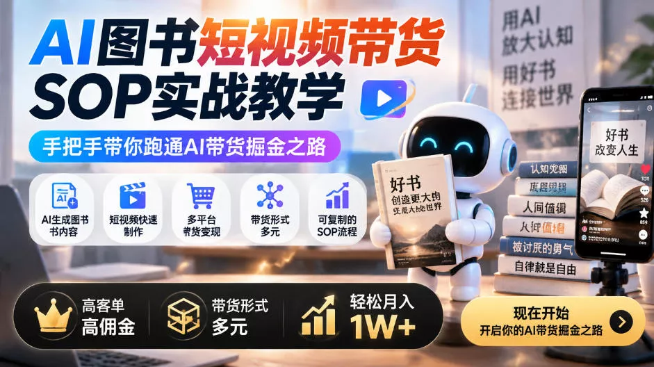 AI图书短视频带货SOP实战教学，手把手带你跑通AI带货掘金之路，高客单高佣金，带货形式多元，轻松月入1W+-奇点库