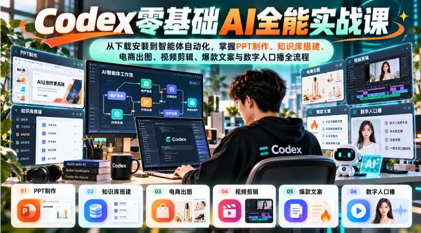 Codex零基础AI全能实战课：从下载安装到智能体自动化，掌握知识库搭建、电商出图、视频剪辑、爆款文案与数字人口播全流程-奇点库