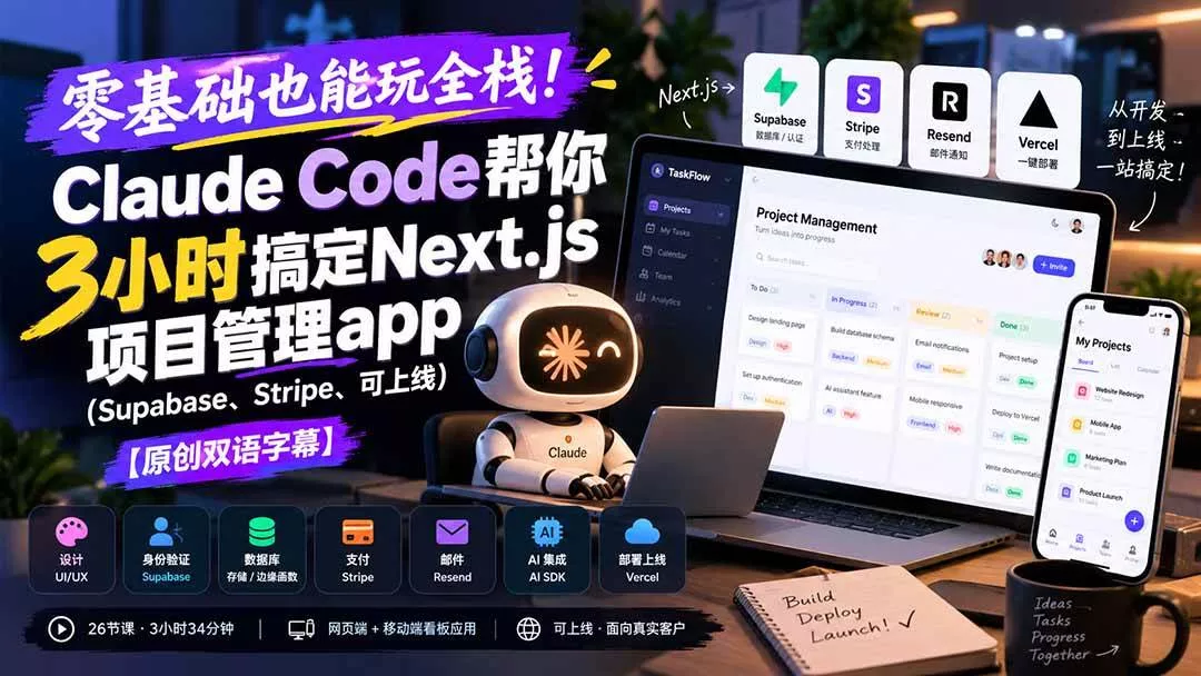 （20907期）零基础也能玩全栈！Claude Code帮你3小时搞定Next.js项目管理app（Supabase、Stripe、可上线）【原创双语字幕】-奇点库