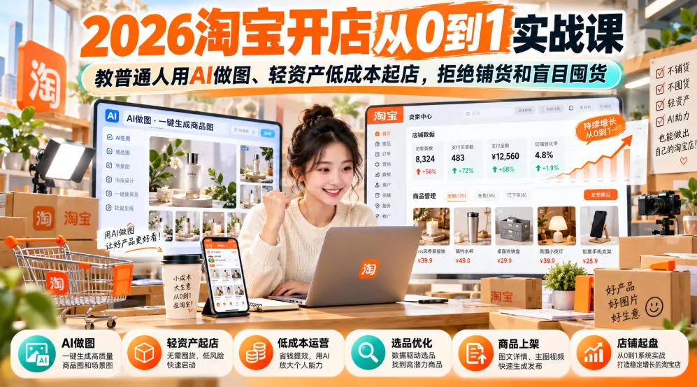 2026淘宝开店从0到1实战课，教普通人用AI做图、轻资产低成本起店，拒绝铺货和盲目囤货-奇点库