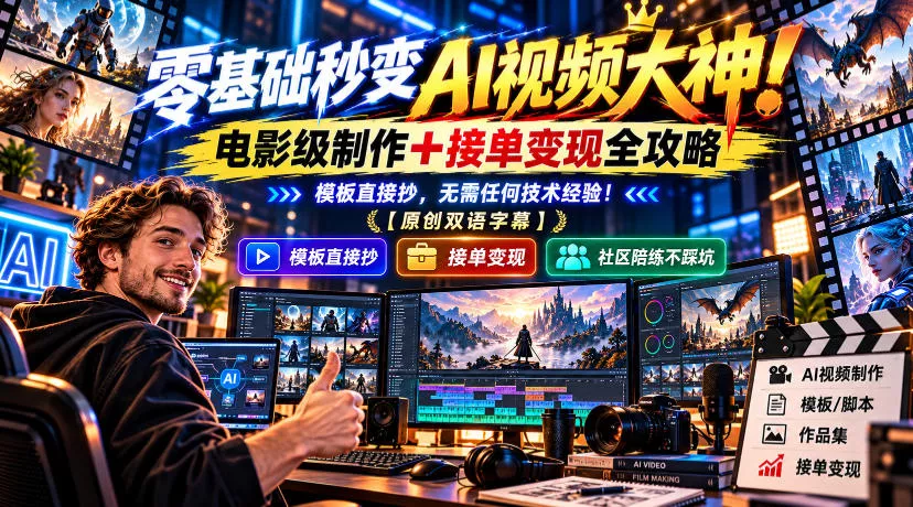 零基础秒变AI视频大神！电影级制作+接单变现全攻略，模板直接抄，无需任何技术经验！【原创双语字幕】-奇点库