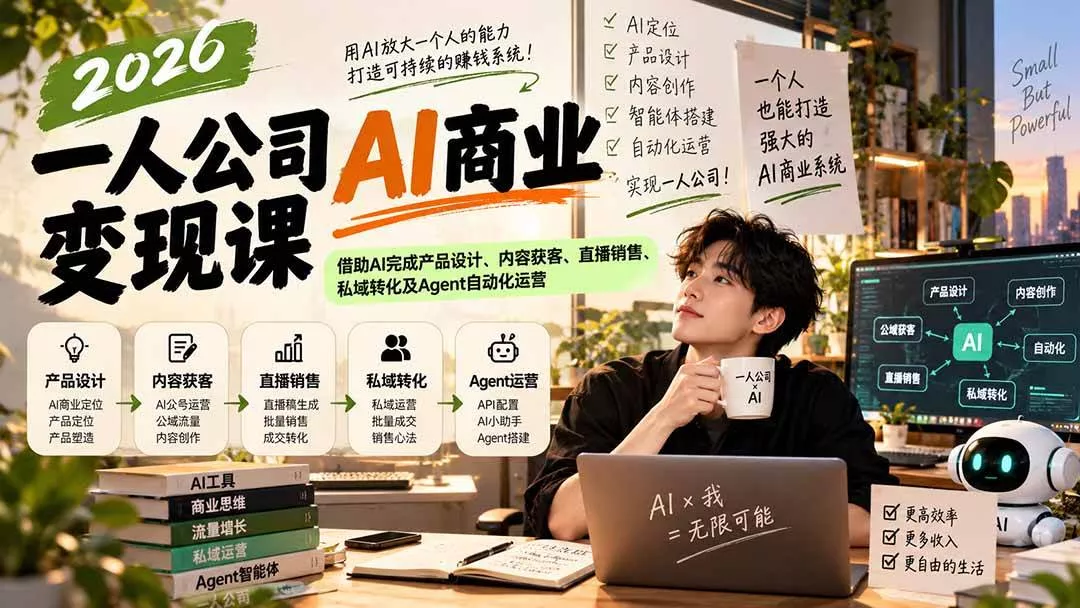（20901期）2026一人公司AI商业变现课：借助AI完成产品设计、内容获客、直播销售、私域转化及Agent自动化运营-奇点库