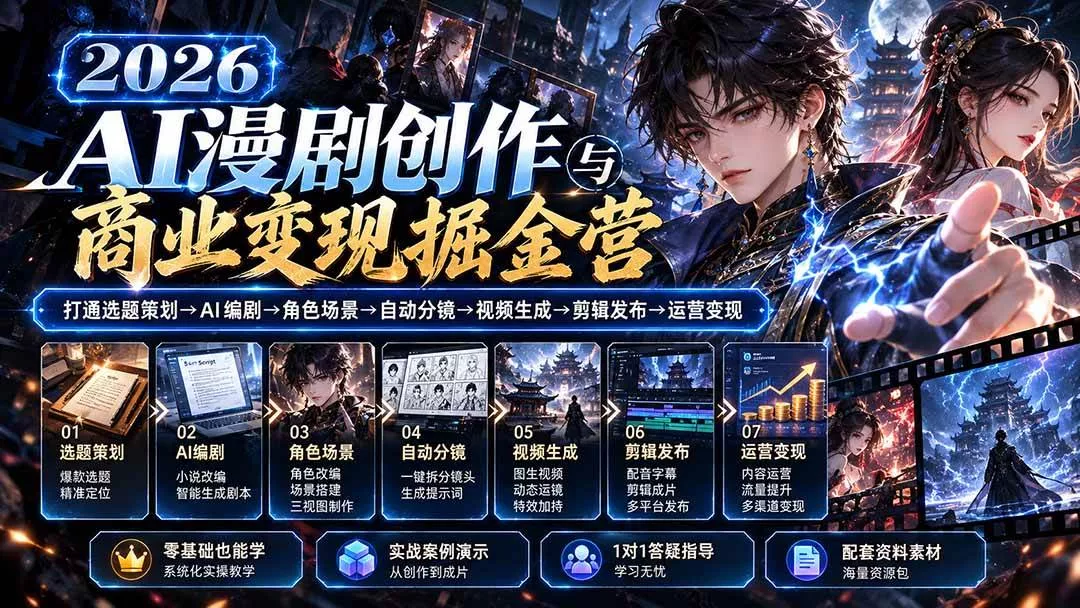 （20906期）【无水印】2026AI漫剧创作与商业变现掘金营：打通选题→AI编剧→角色场景→自动分镜→视频生成→剪辑发布→运营变现-奇点库