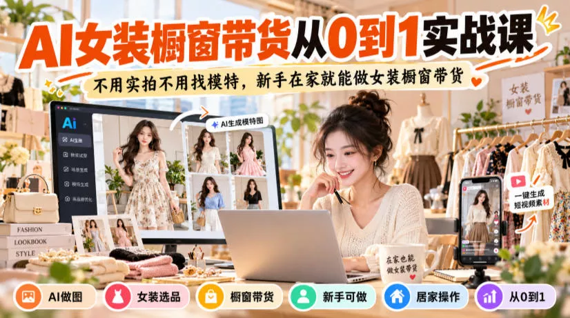 AI女装橱窗带货从0到1实战课，不用实拍不用找模特，新手在家就能做女装橱窗带货-奇点库