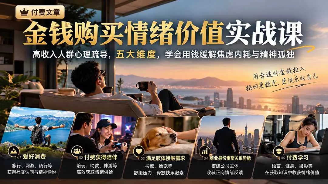 （20941期）付费文章：金钱购买情绪价值实战课｜高收入人群心理疏导，五大维度，学会用钱缓解焦虑内耗与精神孤独-奇点库