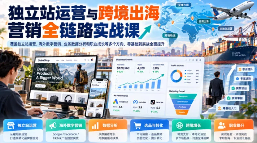 独立站运营与跨境出海营销全链路实战课，覆盖独立站运营、海外数字营销、业务数据分析和职业成长等多个方向，零基础到实战全面提升-奇点库