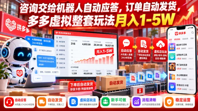 咨询交给机器人自动应答，订单自动发货，多多虚拟整套玩法月入1-5W【揭秘】-奇点库