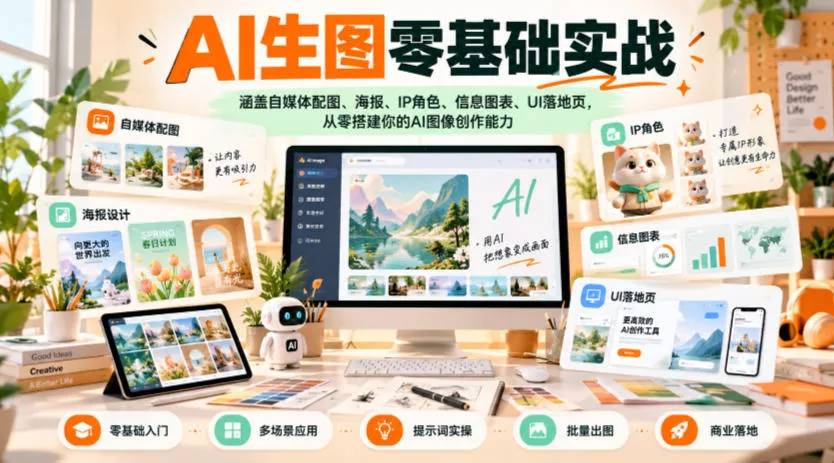 AI生图零基础实战，涵盖自媒体配图、海报、IP角色、信息图表、UI落地页，从零搭建你的AI图像创作能力-奇点库