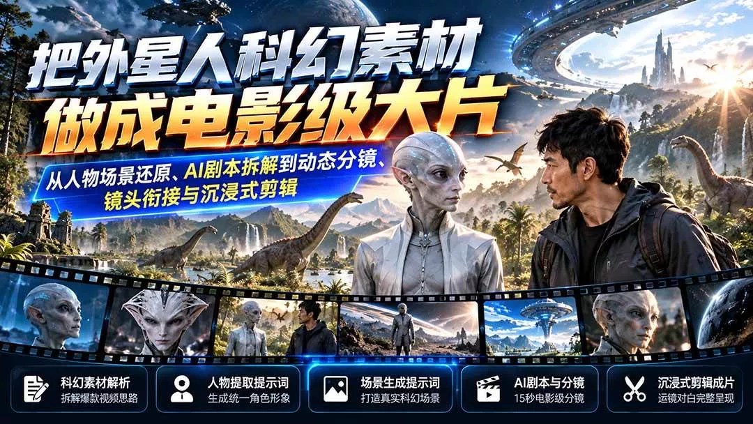 （20946期）把外星人科幻素材做成电影级大片：从人物场景还原、AI剧本拆解到动态分镜、镜头衔接与沉浸式剪辑-奇点库
