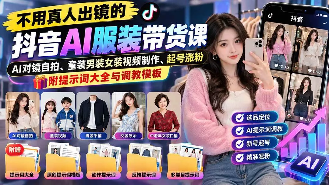 （20960期）不用真人出镜的抖音AI服装带货课：AI对镜自拍、童装男装女装视频制作、起号涨粉，附提示词大全与调教模板-奇点库