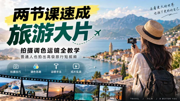 两节课速成旅游大片｜拍摄调色运镜全教学，普通人也拍出高级旅行短视频-奇点库