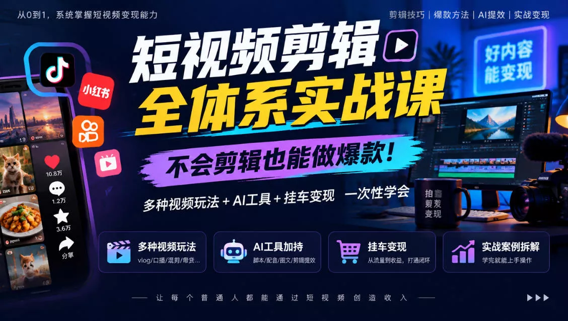 短视频剪辑全体系实战课,不会剪辑也能做爆款,多种视频玩法+AI工具+挂车变现一次性学 短视频剪辑全体系实战课,不会剪辑也能做爆款,多种视频玩法+AI工具+挂车变现一次性学