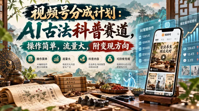 视频号分成计划：AI古法科普赛道，操作简单，流量大，附变现方向-奇点库