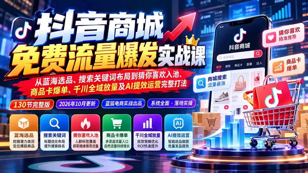 （20959期）抖音商城免费流量爆发实战：从蓝海选品、搜索关键词布局到猜你喜欢入池、商品卡爆单、千川全域放量及AI提效完整打法-奇点库