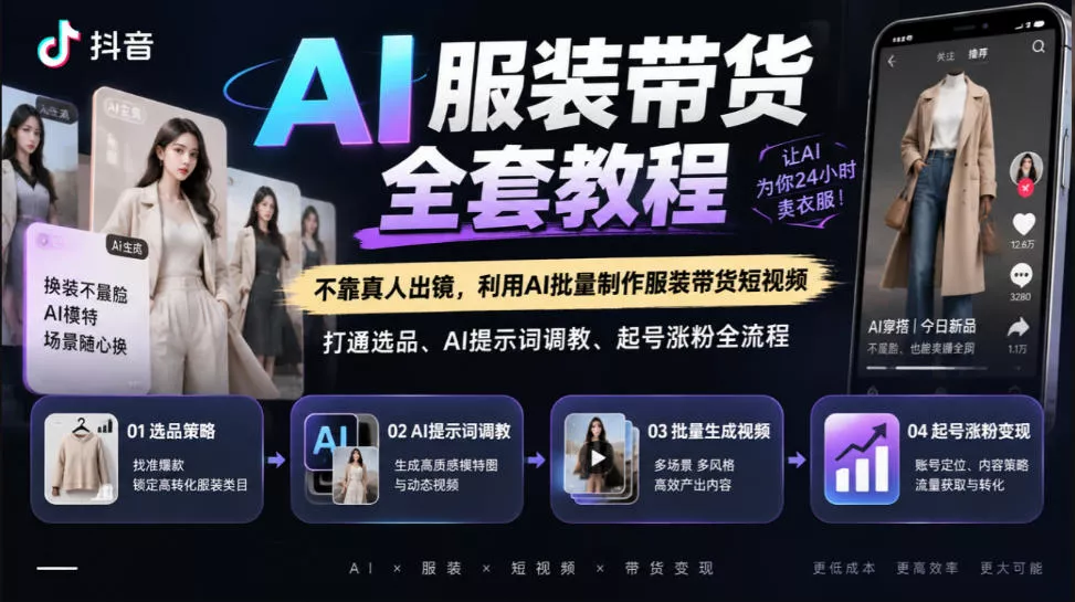 抖音AI服装带货全套教程，不靠真人出镜，利用AI批量制作服装带货短视频，打通选品、AI提示词调教、起号涨粉全流程-奇点库