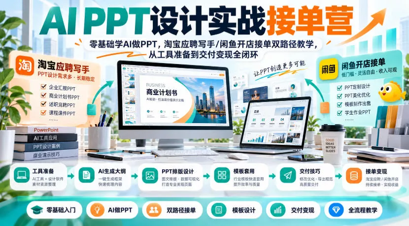 AI PPT设计实战接单营｜零基础学AI做PPT，淘宝应聘写手/闲鱼开店接单双路径教学，从工具准备到交付变现全闭环-奇点库