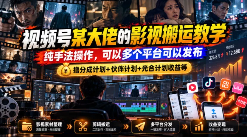视频号某大佬的影视搬运教学,纯手法操作,可以多个平台可以发布,撸分成计划+伙伴计划+光合计划收益等-奇点库