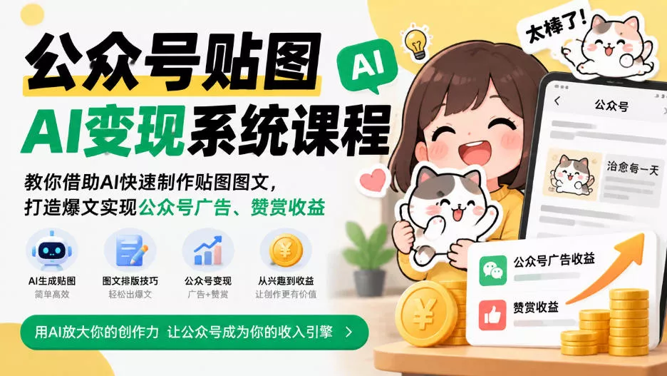 公众号贴图AI变现系统课程|教你借助AI快速制作贴图图文,打造爆文实现公众号广告、赞赏收益-奇点库