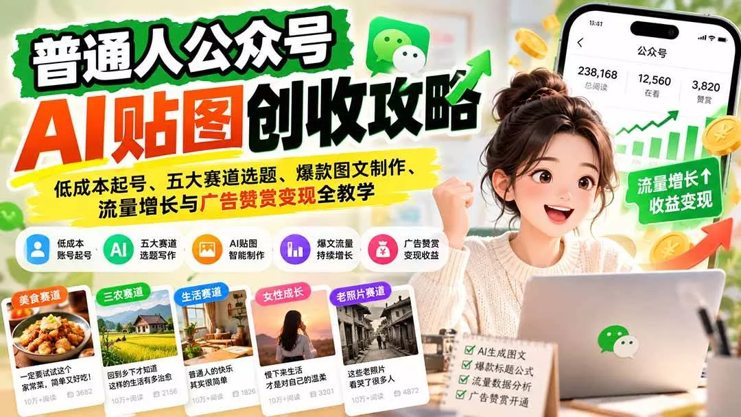 (20972期)普通人公众号AI贴图创收攻略:低成本起号、五大赛道选题、爆款图文制作、流量增长与广告赞赏变现全教学-奇点库