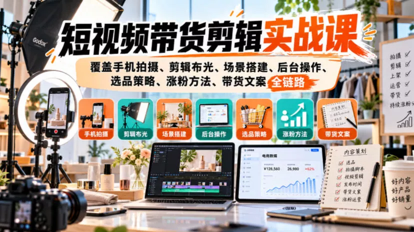 短视频带货剪辑实战课,覆盖手机拍摄、剪辑布光、场景搭建、后台操作、选品策略、涨粉方法、带货文案全链路-奇点库