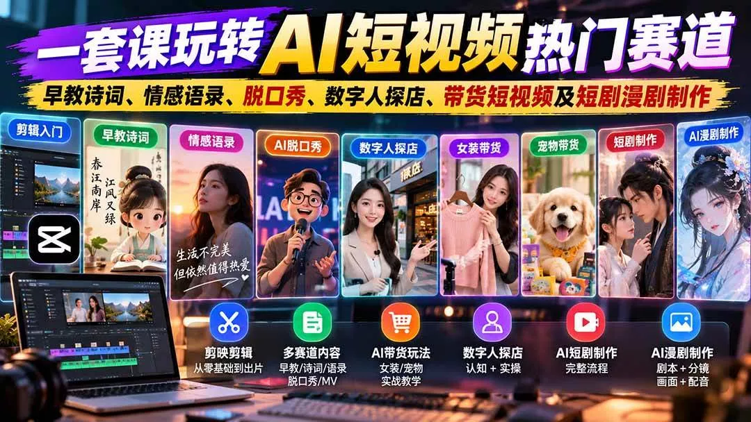 （20964期）一套课玩转AI短视频热门赛道：早教诗词、情感语录、脱口秀、数字人探店、带货短视频及短剧漫剧制作 复制标题-奇点库