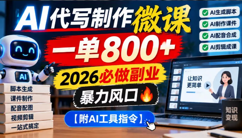AI代写制作微课，一单800+，2026必做副业，暴力风口【附AI工具指令】【揭秘】-奇点库