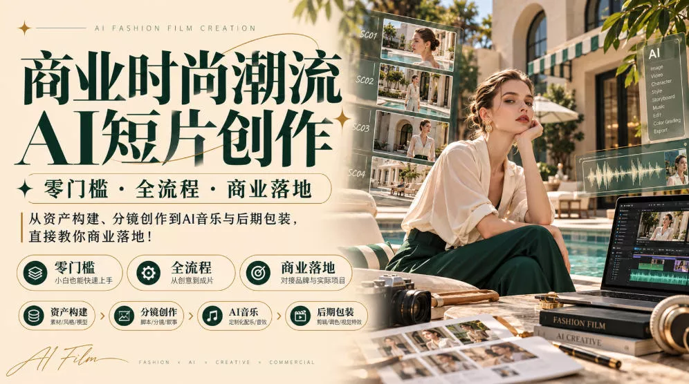 商业时尚潮流AI短片创作｜零门槛・全流程・商业落地，从资产构建、分镜创作到AI音乐与后期包装，直接教你商业落地！-奇点库
