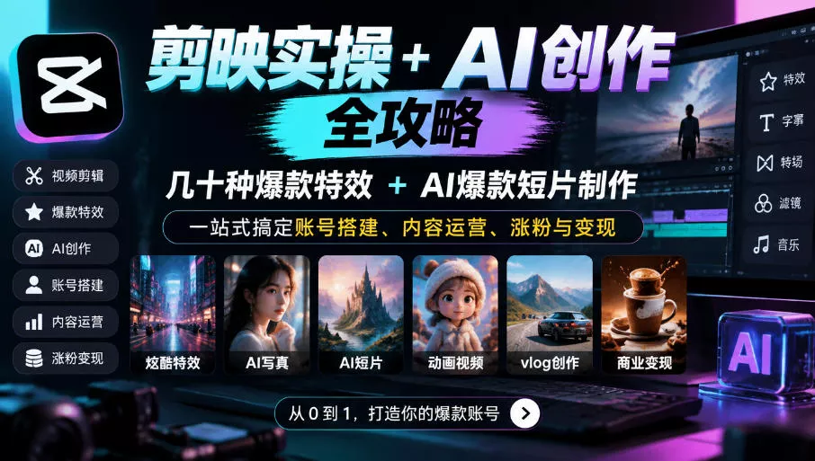 剪映实操+AI创作全攻略|几十种爆款特效+AI爆款短片制作,一站式搞定账号搭建、内容运营、涨粉与变现-奇点库