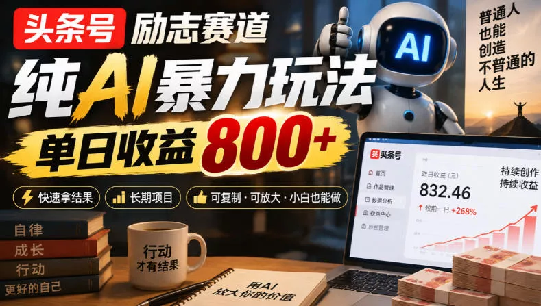 头条号励志赛道，纯AI暴力玩法，单日收益800+，快速拿结果，长期项目-奇点库