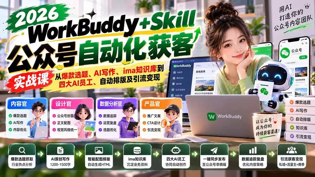 （21023期）WorkBuddy + Skill公众号自动化获客实战课：从爆款选题、AI写作、ima知识库到四大AI员工、自动排版及引流变现-奇点库