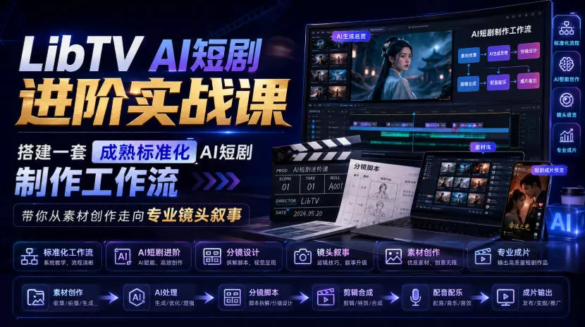 LibTV AI短剧进阶实战课,搭建一套成熟标准化AI短剧制作工作流,带你从素材创作走向专业镜头叙事(更新)-奇点库