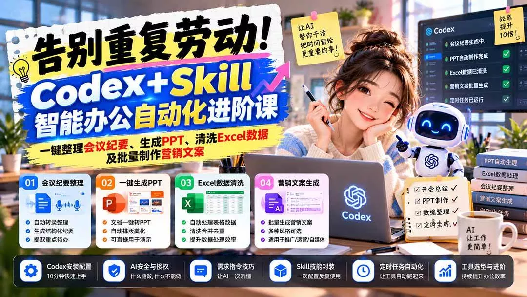 (21001期)告别重复劳动!Codex+Skill智能办公自动化进阶课:一键整理会议纪要、生成PPT、清洗Excel数据及批量制作营销文案-奇点库