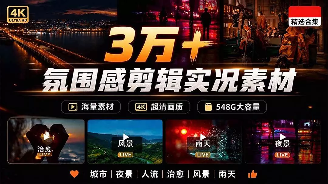 （21009期）氛围感3万+海量高清剪辑实况素材，含雨天、雪天、夜景、街道等经典场景，伤感唯美励志短视频无水印素材-奇点库
